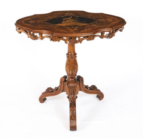fig 1. Antique Swiss Walnut Marquetry Occasional Table 19th C