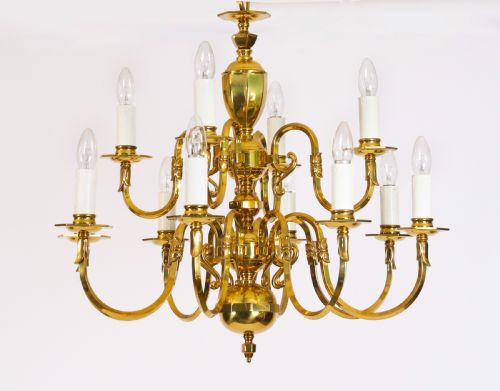 fig 2. Antique Pair Dutch Renaissance Brass Two-tier Chandeliers Circa 1920