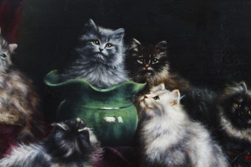 fig 1. A 19th-century framed oil painting depicting six long-haired Persian kittens around a green ceramic vessel set on dark velvet.
