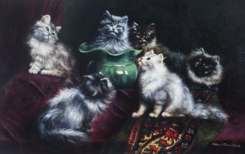 fig 2. A 19th-century framed oil painting depicting six long-haired Persian kittens around a green ceramic vessel set on dark velvet.