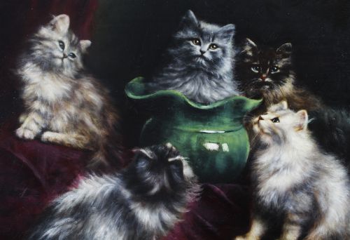 fig 3. A 19th-century framed oil painting depicting six long-haired Persian kittens around a green ceramic vessel set on dark velvet.