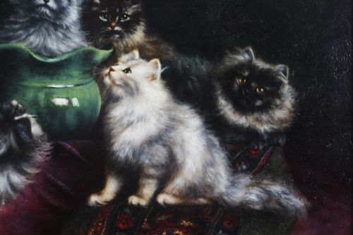 fig 4. A 19th-century framed oil painting depicting six long-haired Persian kittens around a green ceramic vessel set on dark velvet.