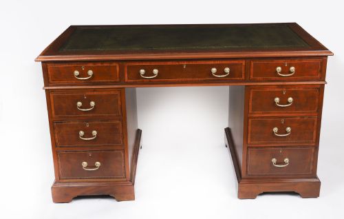 ANTIQUE VICTORIAN CROSSBANDED INLAID FLAME MAHOGANY PEDESTAL DESK 19TH C - ADDITIONAL PHOTO 1