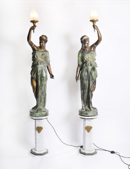 ANTIQUE PAIR LARGE 7FT BRONZE LIBERTAS FIGURAL TORCHERES LAMPS F DE LUCA C1910 - ADDITIONAL PHOTO 1