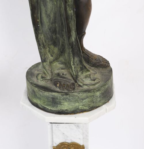 ANTIQUE PAIR LARGE 7FT BRONZE LIBERTAS FIGURAL TORCHERES LAMPS F DE LUCA C1910 - ADDITIONAL PHOTO 6