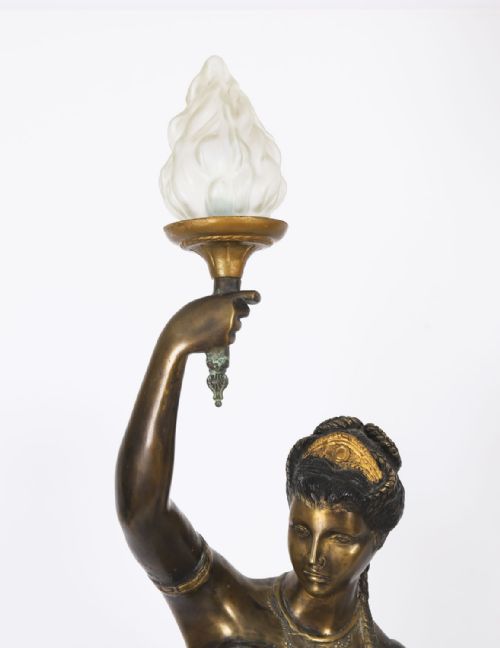 ANTIQUE PAIR LARGE 7FT BRONZE LIBERTAS FIGURAL TORCHERES LAMPS F DE LUCA C1910 - ADDITIONAL PHOTO 10