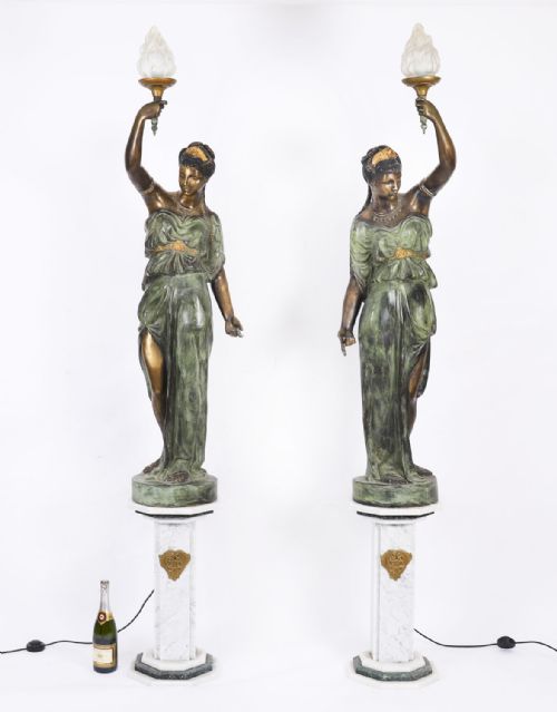 ANTIQUE PAIR LARGE 7FT BRONZE LIBERTAS FIGURAL TORCHERES LAMPS F DE LUCA C1910 - ADDITIONAL PHOTO 18