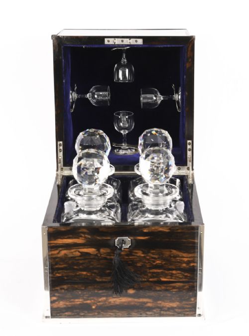 fig 1. Antique Coromandel Silver Mounted Decanter Box Tantalus P & F Schafer 1878