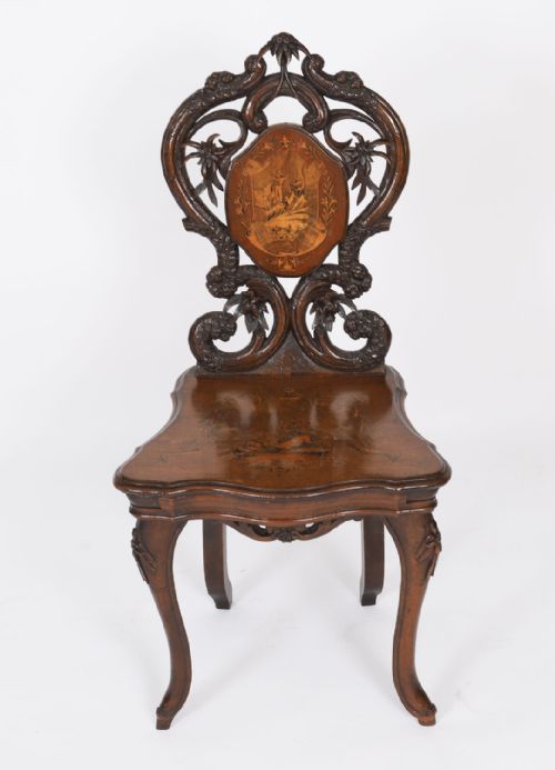 ANTIQUE SWISS WALNUT MARQUETRY INLAID MUSICAL CHAIR 19TH C - ADDITIONAL PHOTO 2