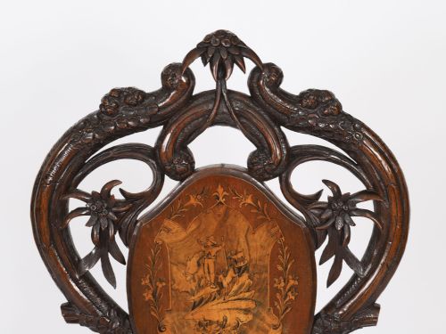 ANTIQUE SWISS WALNUT MARQUETRY INLAID MUSICAL CHAIR 19TH C - ADDITIONAL PHOTO 5
