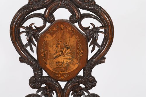 ANTIQUE SWISS WALNUT MARQUETRY INLAID MUSICAL CHAIR 19TH C - ADDITIONAL PHOTO 6