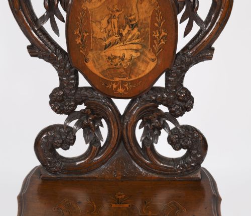 ANTIQUE SWISS WALNUT MARQUETRY INLAID MUSICAL CHAIR 19TH C - ADDITIONAL PHOTO 7