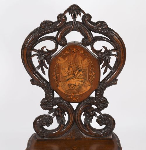 ANTIQUE SWISS WALNUT MARQUETRY INLAID MUSICAL CHAIR 19TH C - ADDITIONAL PHOTO 8