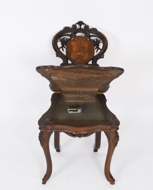 ANTIQUE SWISS WALNUT MARQUETRY INLAID MUSICAL CHAIR 19TH C - ADDITIONAL PHOTO 9