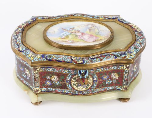 fig 1. Antique French Porcelain-Mounted Champlevé and Onyx Casket, 19th C
