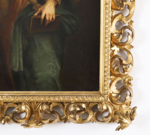 fig 1. A 19th-century oil painting depicting the Madonna in draped garments holding the standing infant Christ Child.