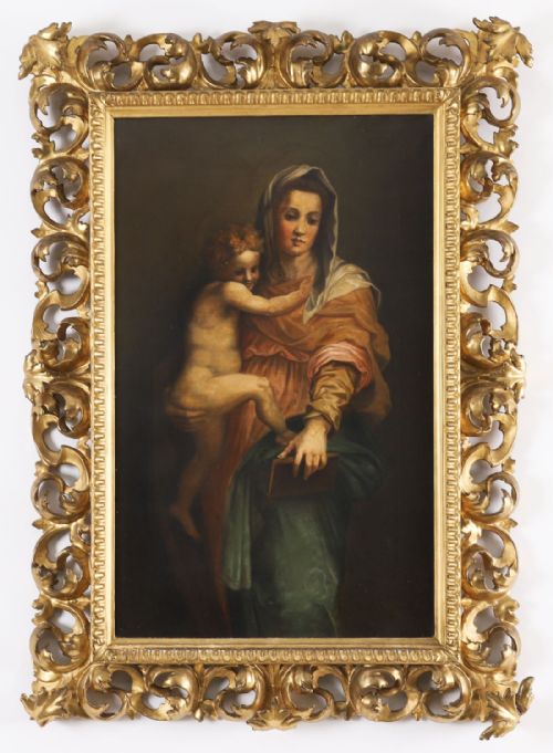 fig 2. A 19th-century oil painting depicting the Madonna in draped garments holding the standing infant Christ Child.