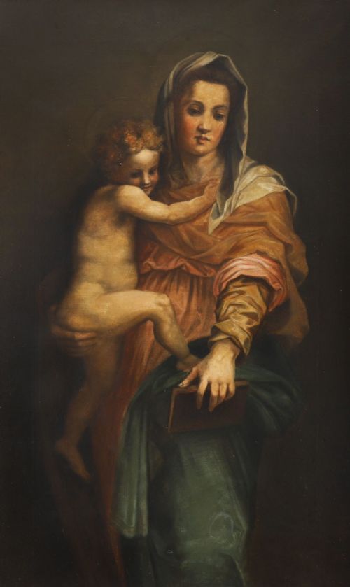 fig 3. A 19th-century oil painting depicting the Madonna in draped garments holding the standing infant Christ Child.