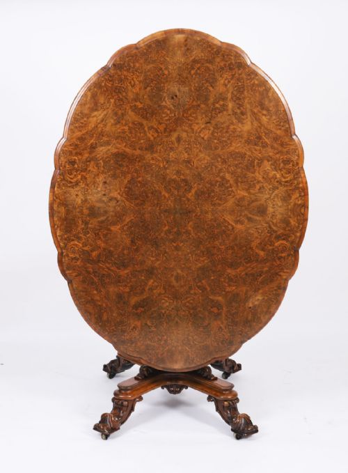 fig 4. Antique Burr Walnut Oval Tilt Top Loo Dining Table Circa 1860 19th Century