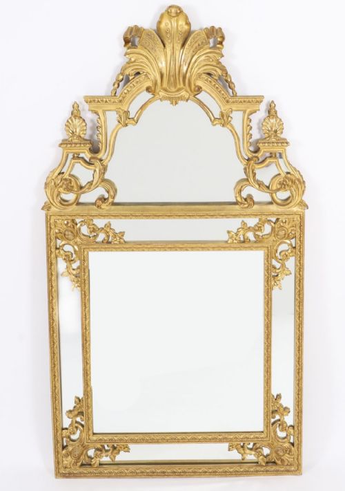 ANTIQUE GILTWOOD LOUIS REVIVAL OVERMANTEL CUSHION MIRROR C1920 140 X 83CM