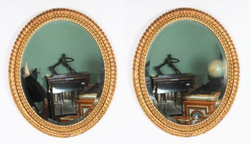 ANTIQUE PAIR FRENCH ROCOCO OVAL GILTWOOD MIRRORS 19TH CENTURY 58X49CM