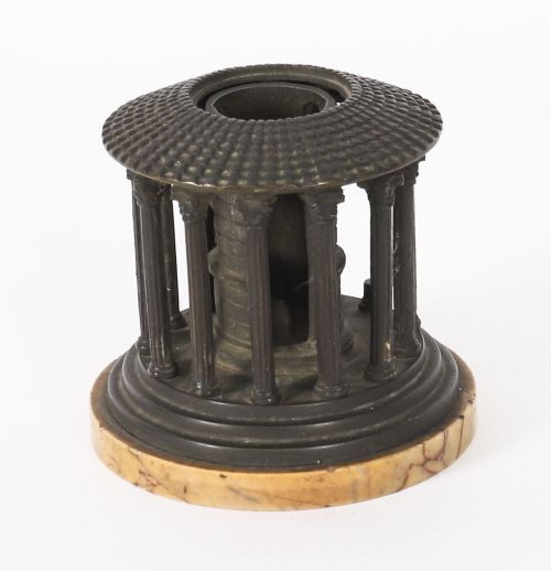 fig 3. A nineteenth-century dark bronze architectural model of the circular Temple of Hercules Victor featuring Corinthian columns and a tiled roof mounted on a marble base.
