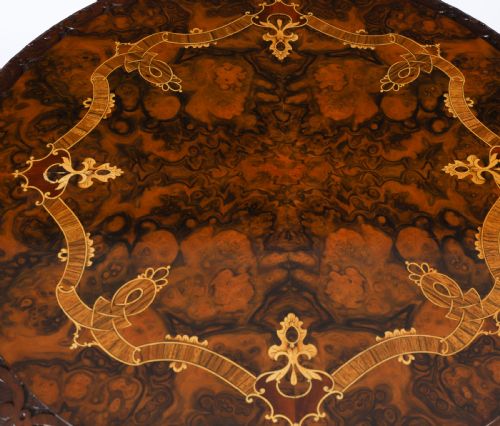 fig 4. Antique Pair Victorian Burr Wanut & Marquetry Occasional Tables 19th C