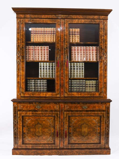 ANTIQUE VICTORIAN BURR WALNUT INLAID BOOKCASE DISPLAY CABINET 19TH C