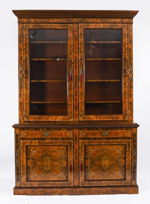 ANTIQUE VICTORIAN BURR WALNUT INLAID BOOKCASE DISPLAY CABINET 19TH C - ADDITIONAL PHOTO 1