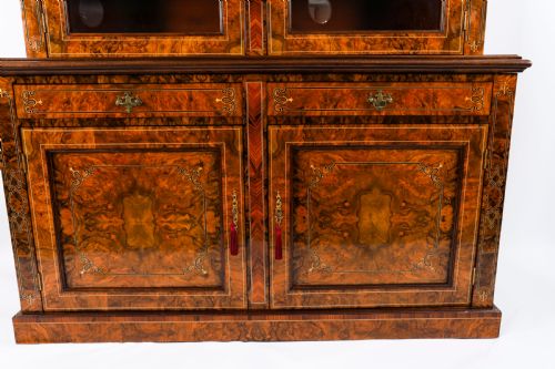 ANTIQUE VICTORIAN BURR WALNUT INLAID BOOKCASE DISPLAY CABINET 19TH C - ADDITIONAL PHOTO 9