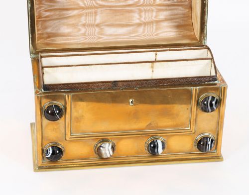 ANTIQUE ENGLISH BRASS AGATE CABOCHON MOUNTED TWO PIECE DESK SET MID 19TH C - ADDITIONAL PHOTO 3