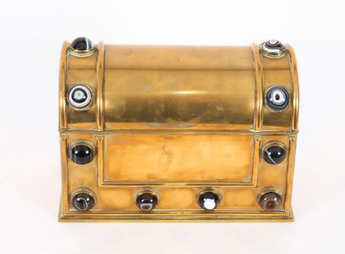 ANTIQUE ENGLISH BRASS AGATE CABOCHON MOUNTED TWO PIECE DESK SET MID 19TH C - ADDITIONAL PHOTO 7