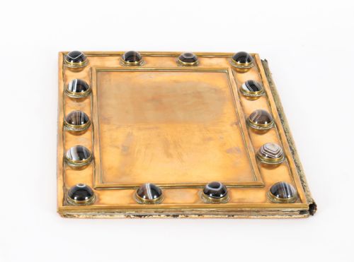 ANTIQUE ENGLISH BRASS AGATE CABOCHON MOUNTED TWO PIECE DESK SET MID 19TH C - ADDITIONAL PHOTO 10