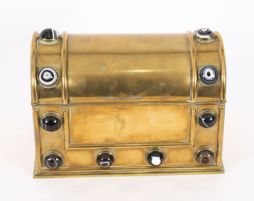 ANTIQUE ENGLISH BRASS AGATE CABOCHON MOUNTED TWO PIECE DESK SET MID 19TH C - ADDITIONAL PHOTO 11