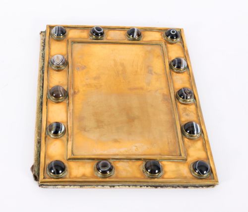 ANTIQUE ENGLISH BRASS AGATE CABOCHON MOUNTED TWO PIECE DESK SET MID 19TH C - ADDITIONAL PHOTO 13