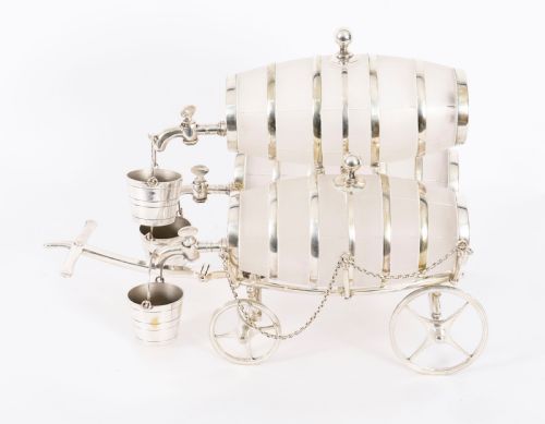ANTIQUE SILVER PLATED THREE FROSTED CRYSTAL BARREL DISPENSERS TOT PAILS 19THC - ADDITIONAL PHOTO 1