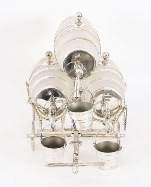 ANTIQUE SILVER PLATED THREE FROSTED CRYSTAL BARREL DISPENSERS TOT PAILS 19THC - ADDITIONAL PHOTO 10