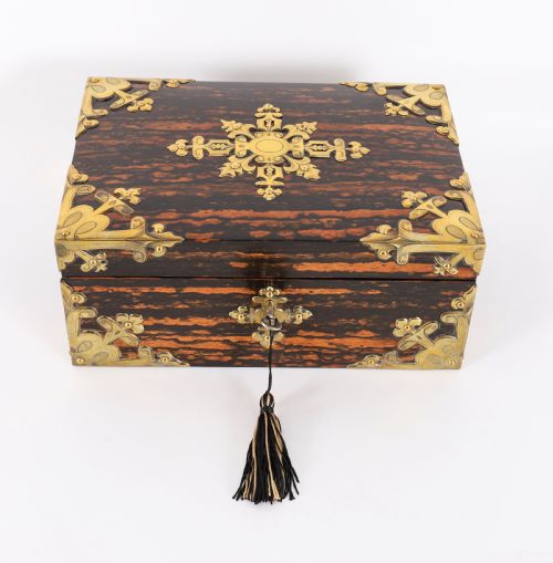 fig 1. Antique Figured Coromandel Jewellery Casket by Toulmin & Gale 19th Century