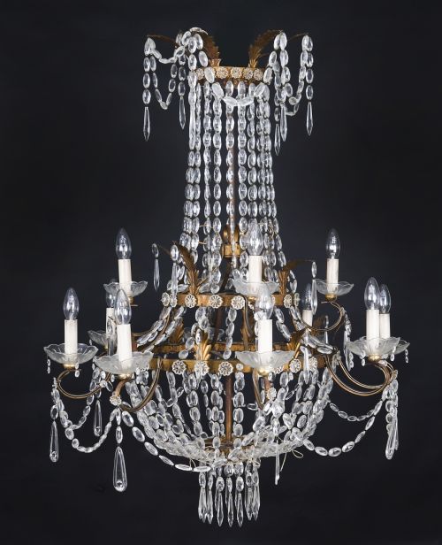 fig 1. Antique Pair William IV 12 Light Waterfall Tent Crystal Chandeliers 19th C