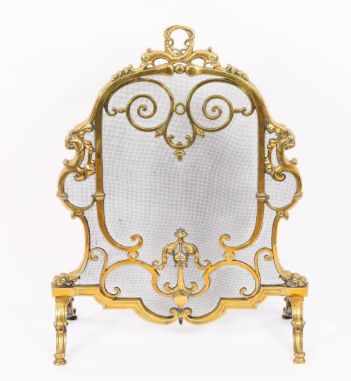 ANTIQUE FRENCH LOUIS REVIVAL BRASS MESH DOLPHIN FIRE SCREEN 19TH CENTURY - ADDITIONAL PHOTO 1