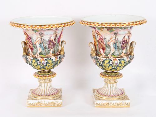 ANTIQUE PAIR LARGE ITALIAN NAPLES CAPODIMONTE URNS VASES 19TH C - ADDITIONAL PHOTO 1