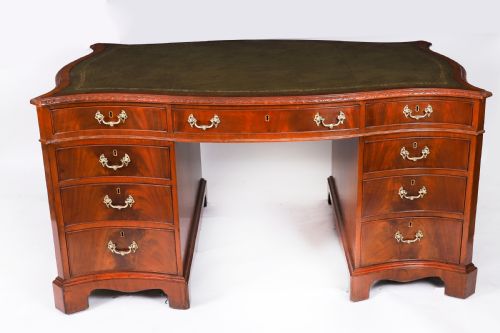 fig 1. Antique Flame Mahogany Serpentine Partners Pedestal Desk Circa 1900