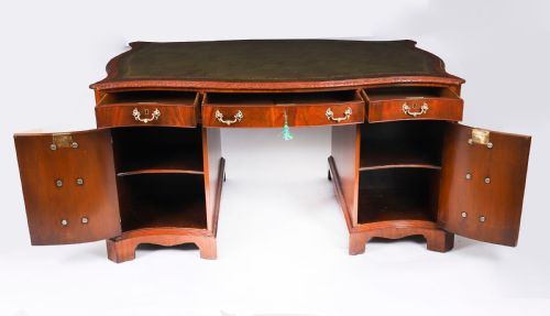 fig 6. Antique Flame Mahogany Serpentine Partners Pedestal Desk Circa 1900