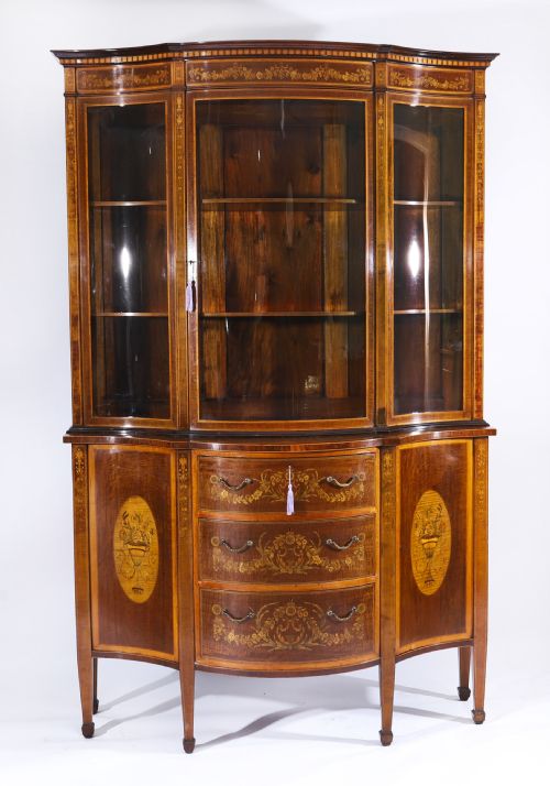 ANTIQUE MARQUETRY SERPENTINE DISPLAY CABINET EDWARDS ROBERTS 19TH C - ADDITIONAL PHOTO 1