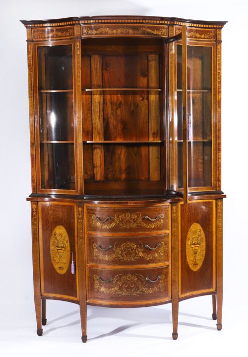 ANTIQUE MARQUETRY SERPENTINE DISPLAY CABINET EDWARDS ROBERTS 19TH C - ADDITIONAL PHOTO 2