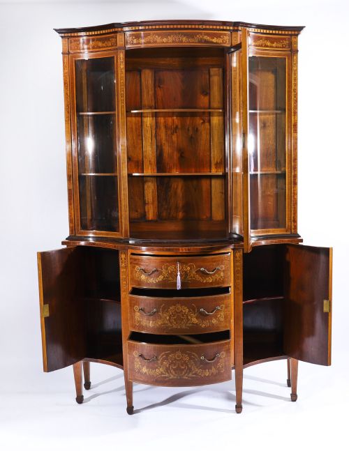 ANTIQUE MARQUETRY SERPENTINE DISPLAY CABINET EDWARDS ROBERTS 19TH C - ADDITIONAL PHOTO 17