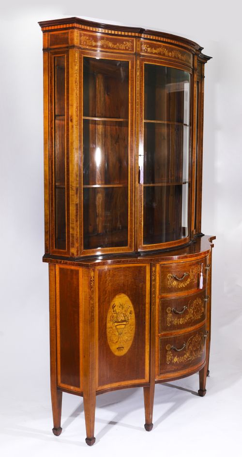ANTIQUE MARQUETRY SERPENTINE DISPLAY CABINET EDWARDS ROBERTS 19TH C - ADDITIONAL PHOTO 18