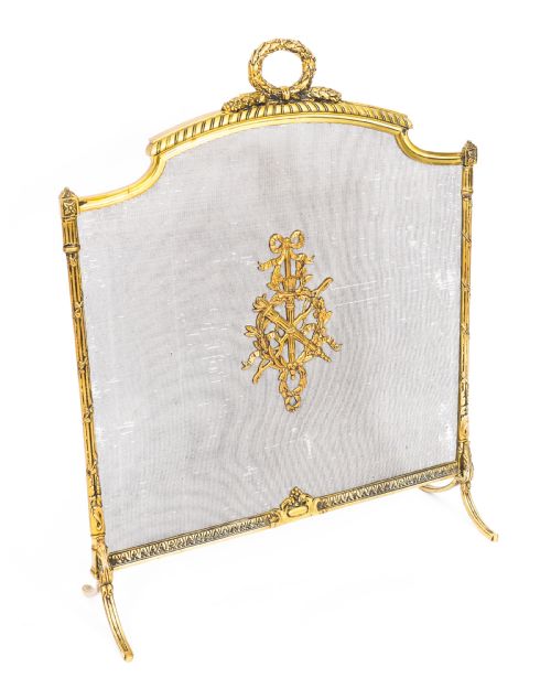 ANTIQUE FRENCH EMPIRE REVIVAL FLAMING TORCH GILT BRONZE FIRE SCREEN C1870