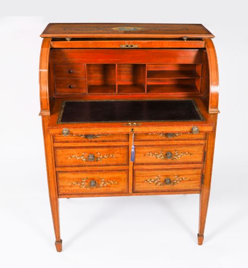 ANTIQUE ENGLISH LATE VICTORIAN SHERATON REVIVAL SATIN WOOD BUREAU C1890 - ADDITIONAL PHOTO 2