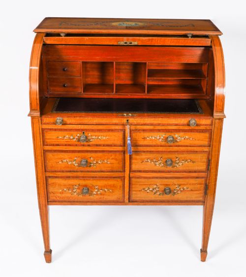 ANTIQUE ENGLISH LATE VICTORIAN SHERATON REVIVAL SATIN WOOD BUREAU C1890 - ADDITIONAL PHOTO 6